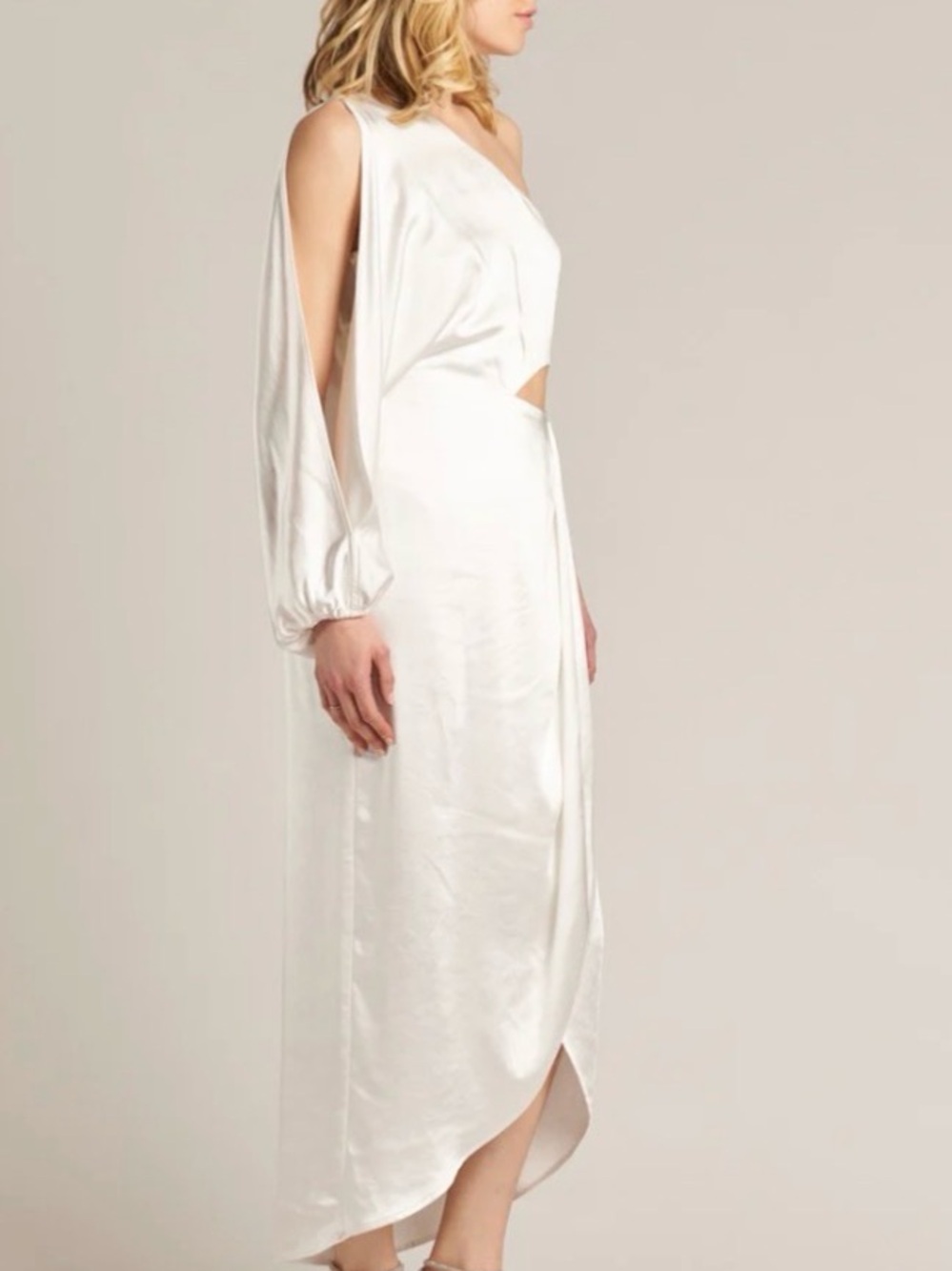 En-Crème One-Shoulder White Satin Cutout Midi Dress - Picture 3 of 10